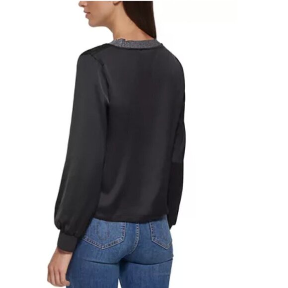 Calvin Klein Metallic Trim Long Sleeve Satin Blouse Black - Picture 2 of 15